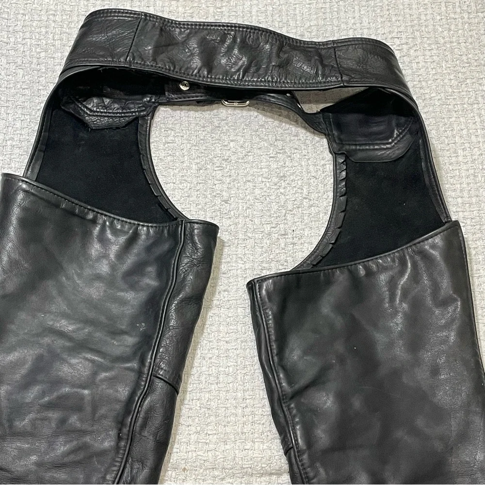 Vintage California Creations Black Leather Chaps Riding Pants Motorcycle Mens L